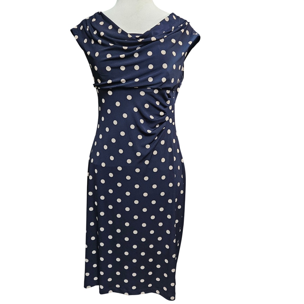 Connected Apparel Sleeveless Blue Beige Polka Dot Dress Women's Size 12